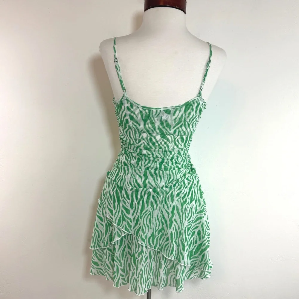 Diane von Furstenberg Target Mesh Ruched Mini Dress‎ Green Zebra Print Y2K XS